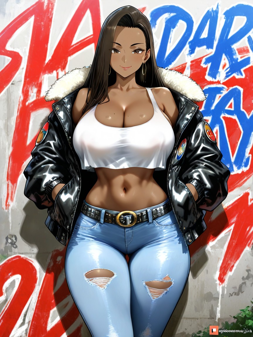 Loose Studded Belt, Casually Standing, Stunning Dark Brown Eyes Hentai AI Porn
