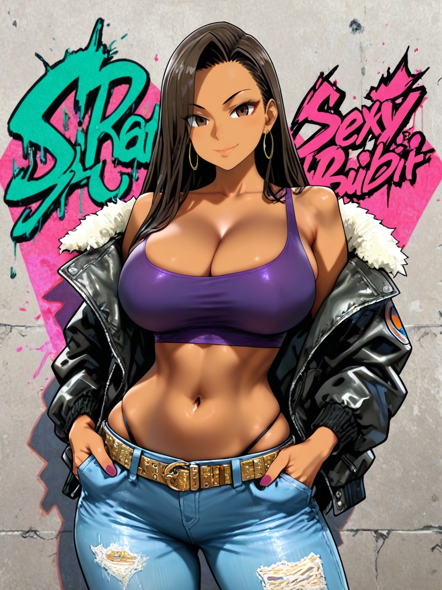 Latína, Asanagi Art Style, Scuffed Open Black Bomber Jacket With Fur Lining Hentai IA