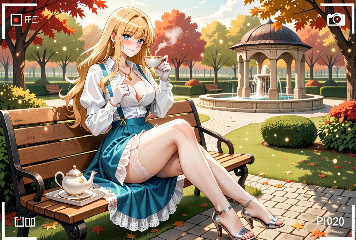 Skinny, Revealing Her Breast Cleavage She Also Wears An Sparkly Layered Blue Puffy Skirt With Transparent White Lace Edges Held By Suspenders That Loop Over Her Shoulders, Vibrant And Clean Line Art Hentai AI Porn