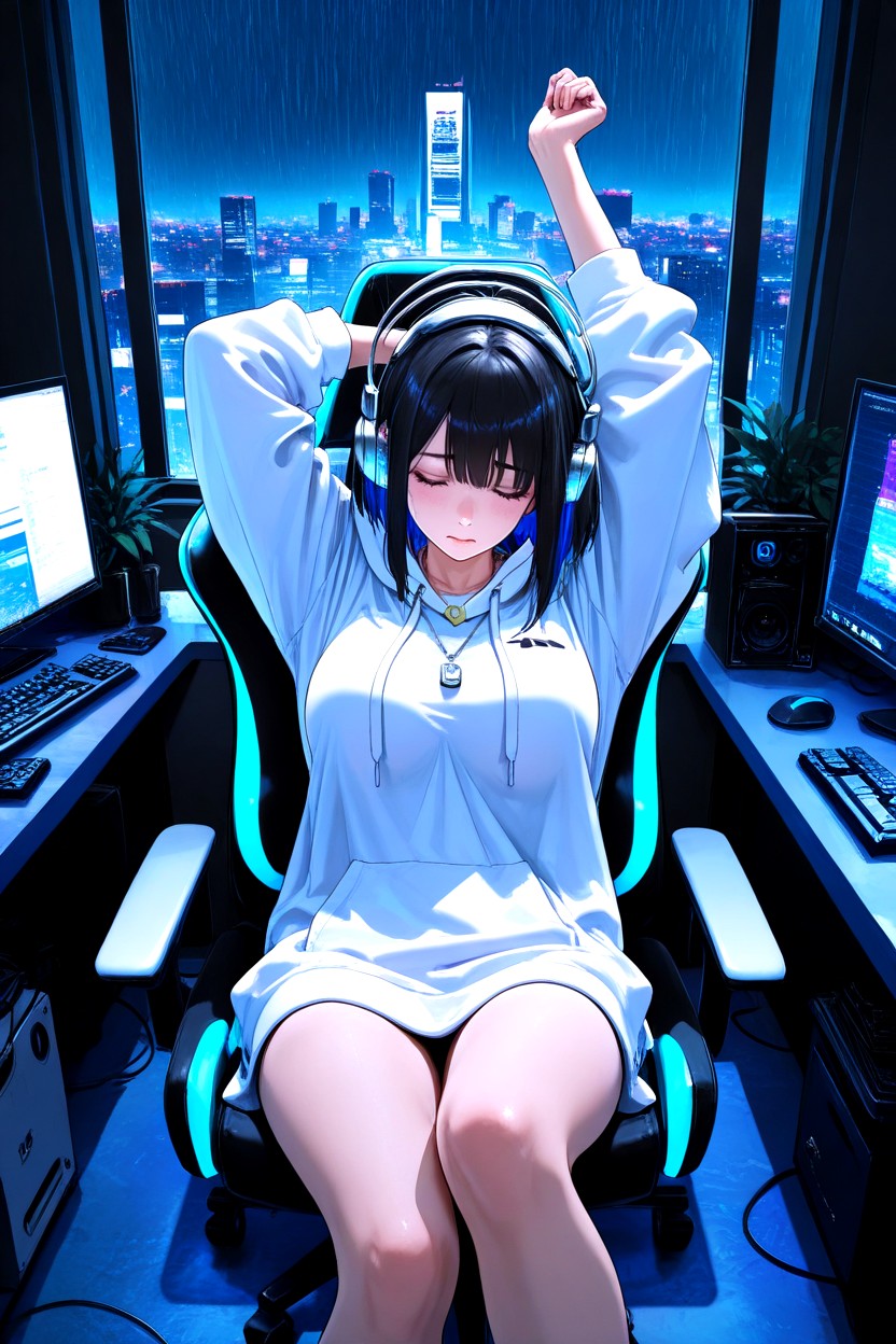 Rainy Night, Detailed Painting, Monitor Glow Hentai AI Porn