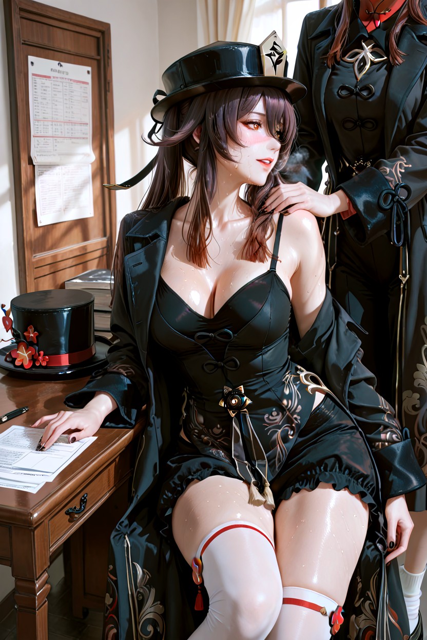 She Bends Over The Desk Sorting Documents, Long Dark Hair Messy, White Thigh-high Socks Hentai AI Porn