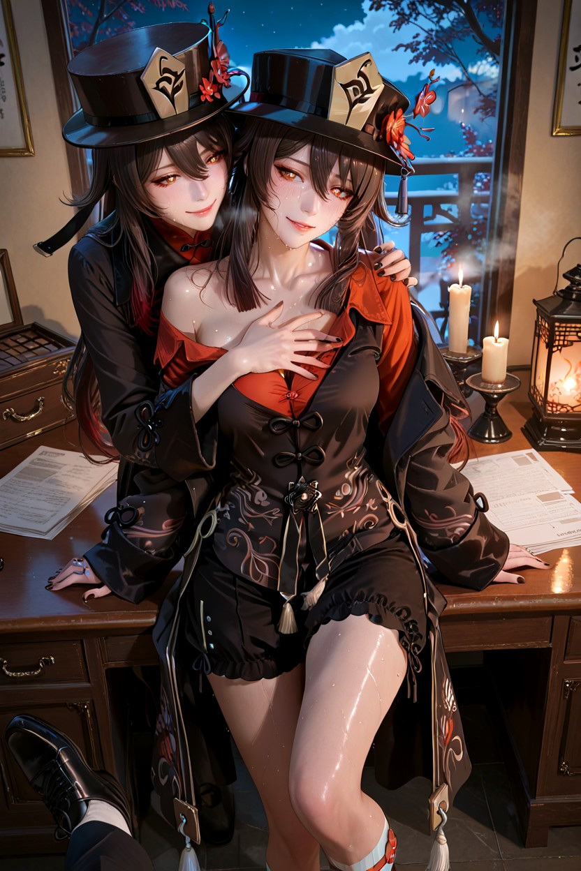 Black Top Hat Still On, Black Coat Worn Loosely With Gold Patterns, Red Ribbon Slightly Undone Hentai AI Porn