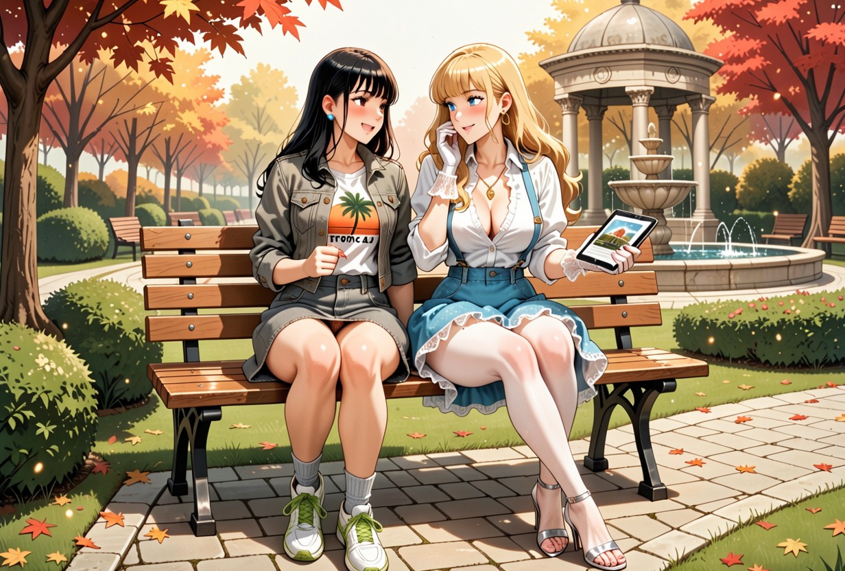 A Slightly Oversized Grey Denim Tube Skirt, White And Light Green Sports Shoes She Is Holding An Electronic Tablet With One Hand And Is Showing Images On The Electronic Tablet On Her Hand To The Woman On The Right They Are Facing Each Other The Woman On The Left Has Enthusiastic Expression And A Smile With Mouth Open Wide, White Lace Stockings Hentai AI Porn