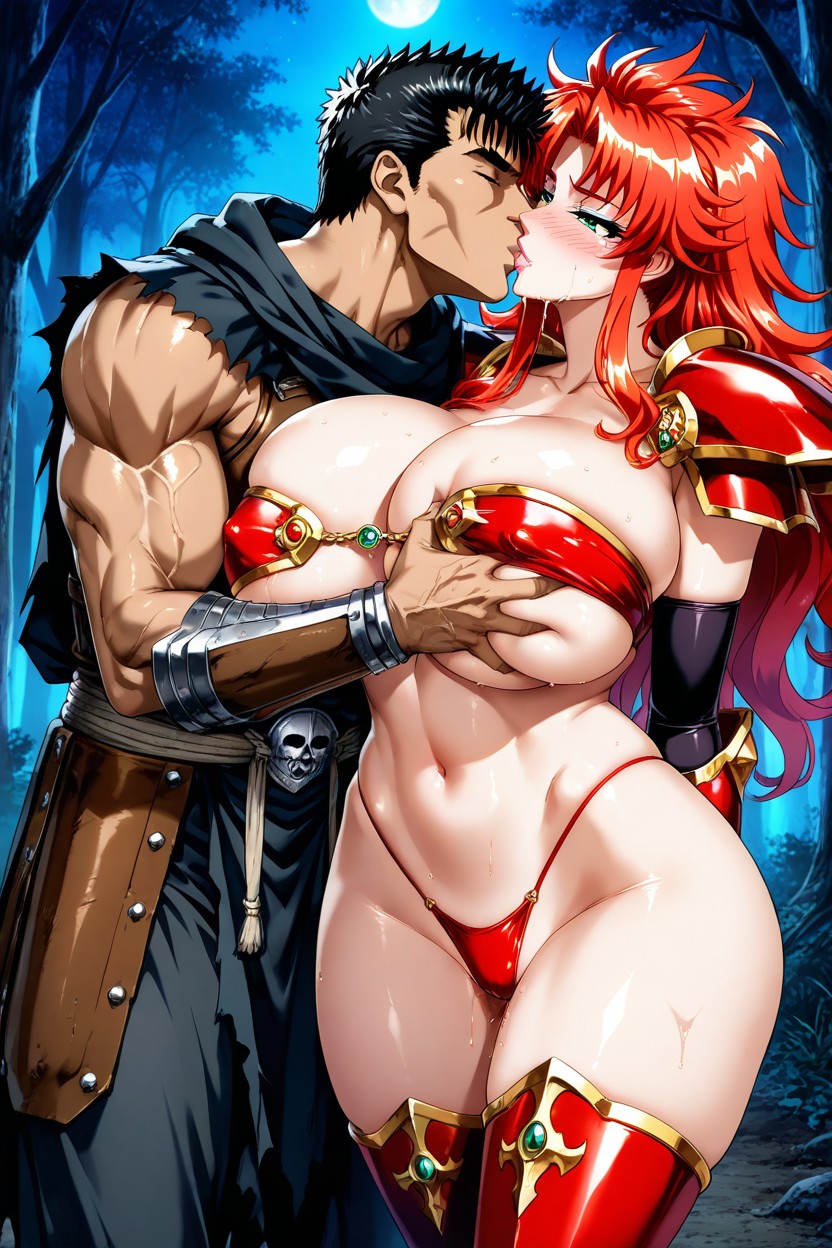 Rounded Massive Breasts, Red Thong, Muscular Guts Hentai AI Porn