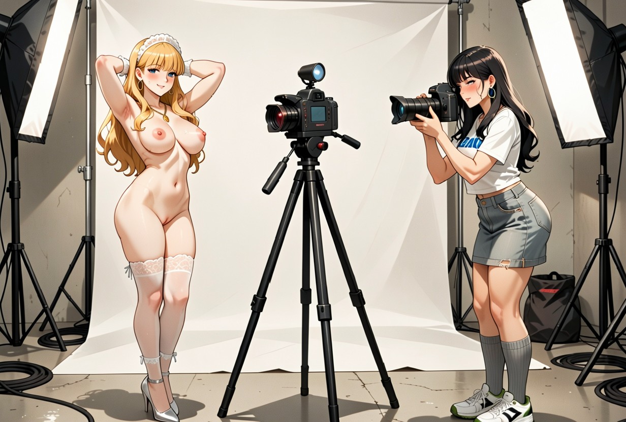 Radiant White Skin, Supple Breasts With Pink Nipples, A Slightly Oversized Grey Denim Tube Skirt ヘンタイAIポルノ