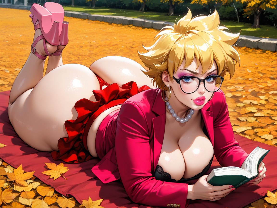 On A Blanket, Pearl Necklace, Pink Embroidered Blazer Top With Deep Cleavage Hentai AI Porn