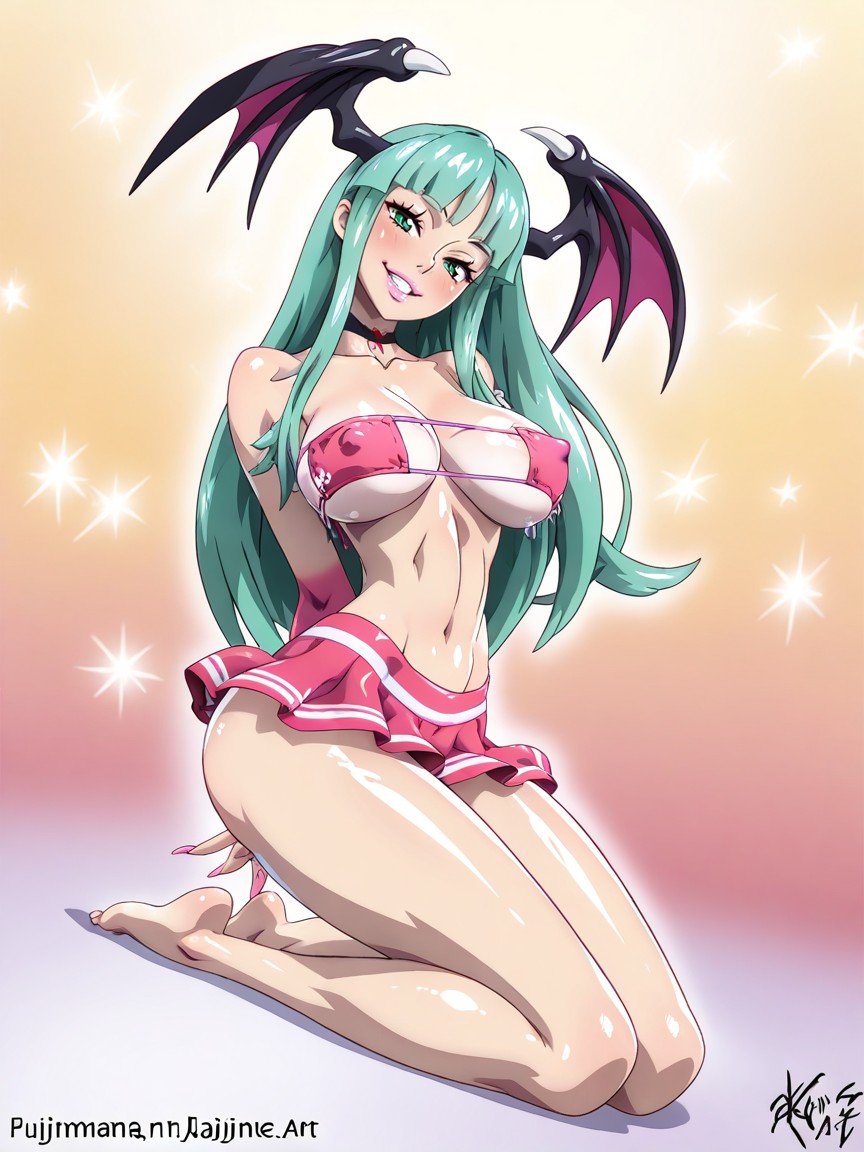 Morrigan Aensland, Ass On The Floor, Wearing Only A Slutty Miniskirt And Patch Bikini Top Porno IA Hentai