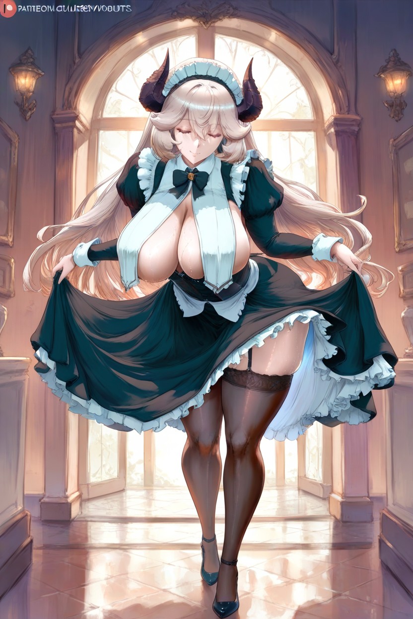 Platinum Blonde Hair, Hanging Breasts, Maid Headpiece Hentai AI Porn