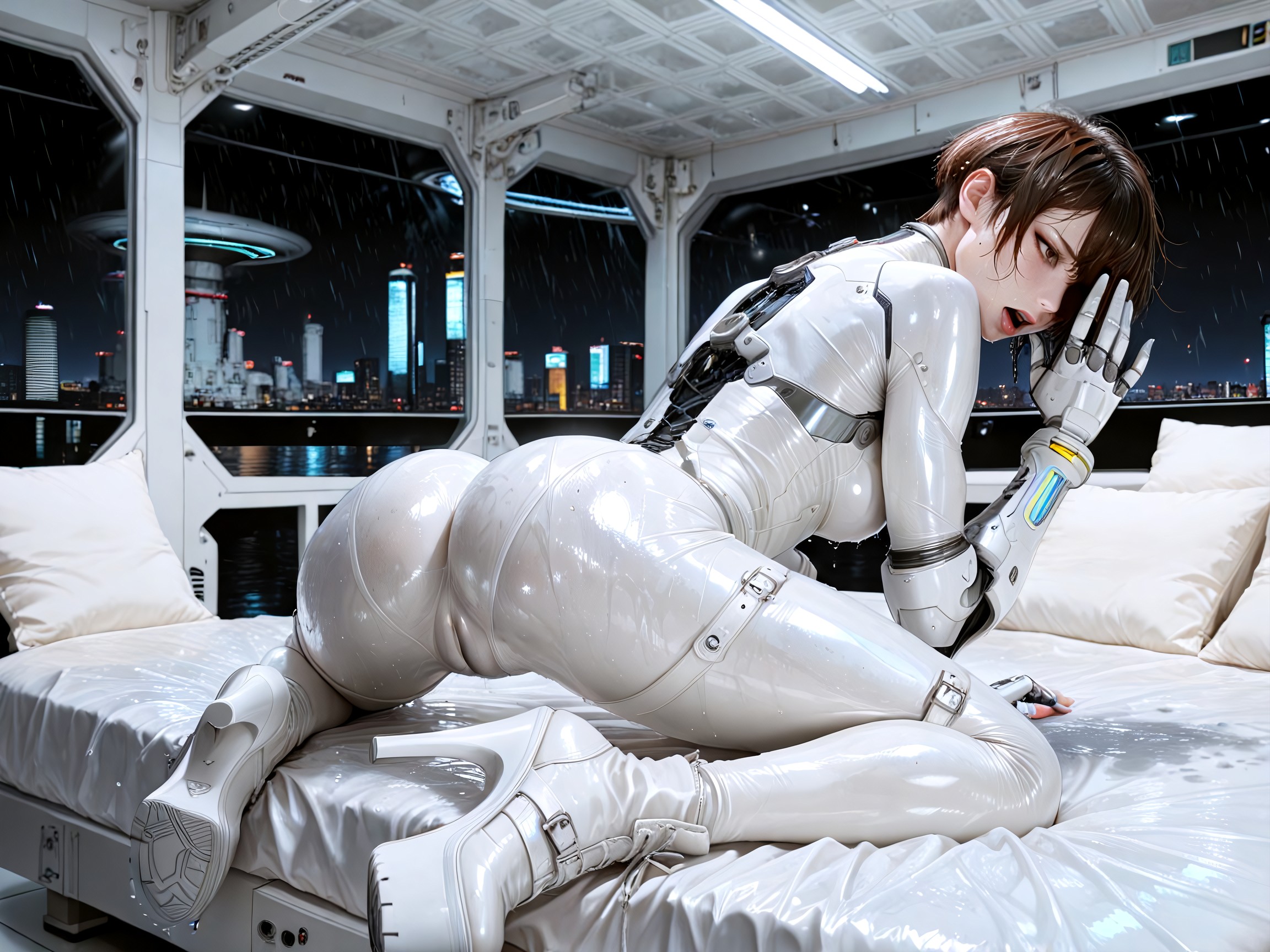 All Fours, The Colourless Full White Bodysuit Blends Seamlessly Into Sleek Tactical White Platform Heeled Feet, 1 Person Hentai AI Porn