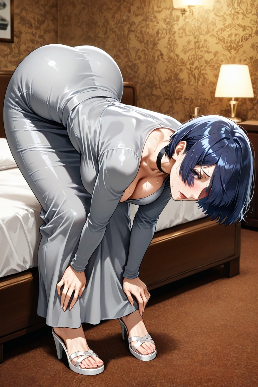 Slightly Layered, Deep Dark Blue Hair In A Sleek Bob, Skinny Hentai AI Porn