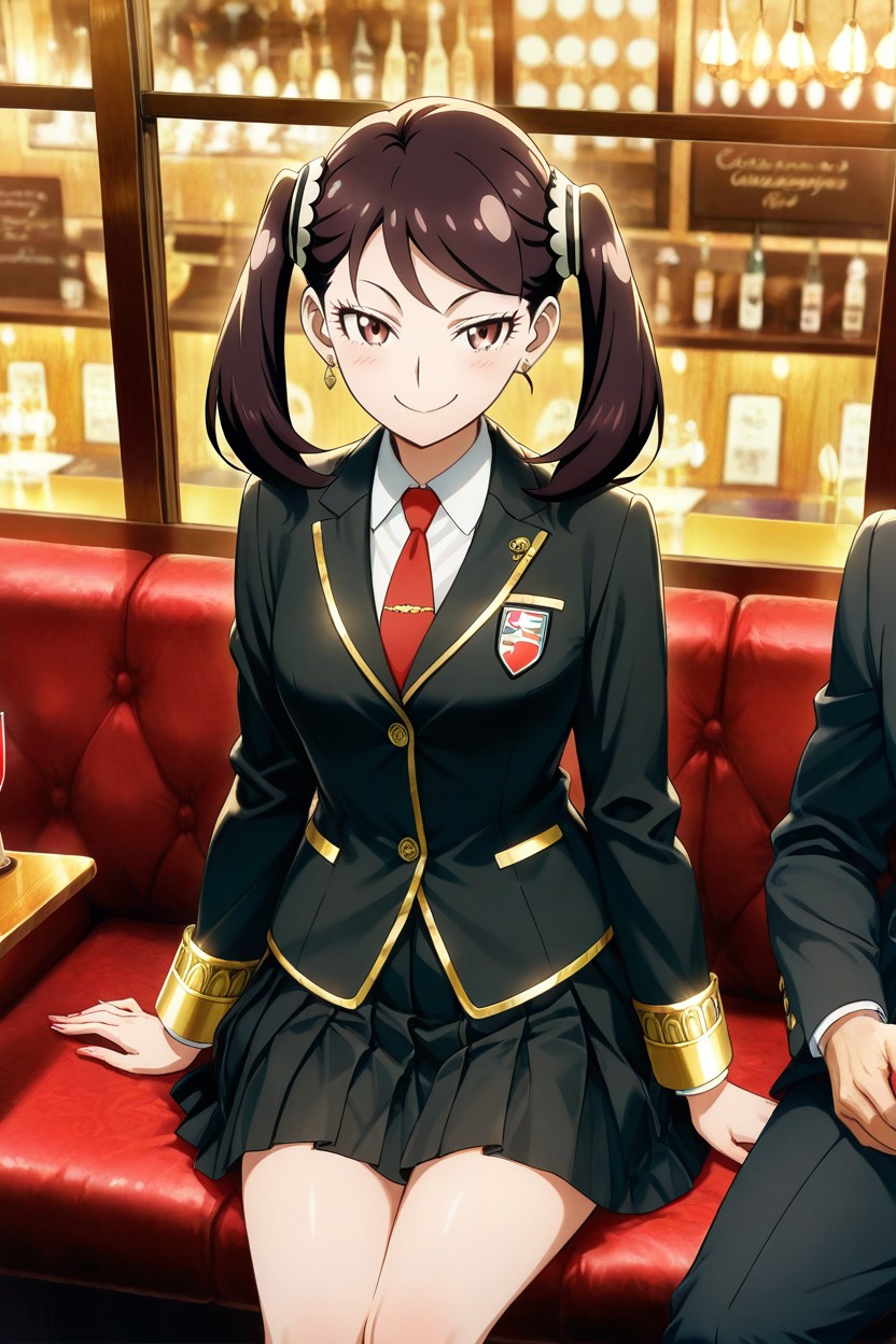 Small Ass, Sitting In A Luxurious Restaurant By The Window On Sophisticated Sofa, No Glasses Hentai AI Porn