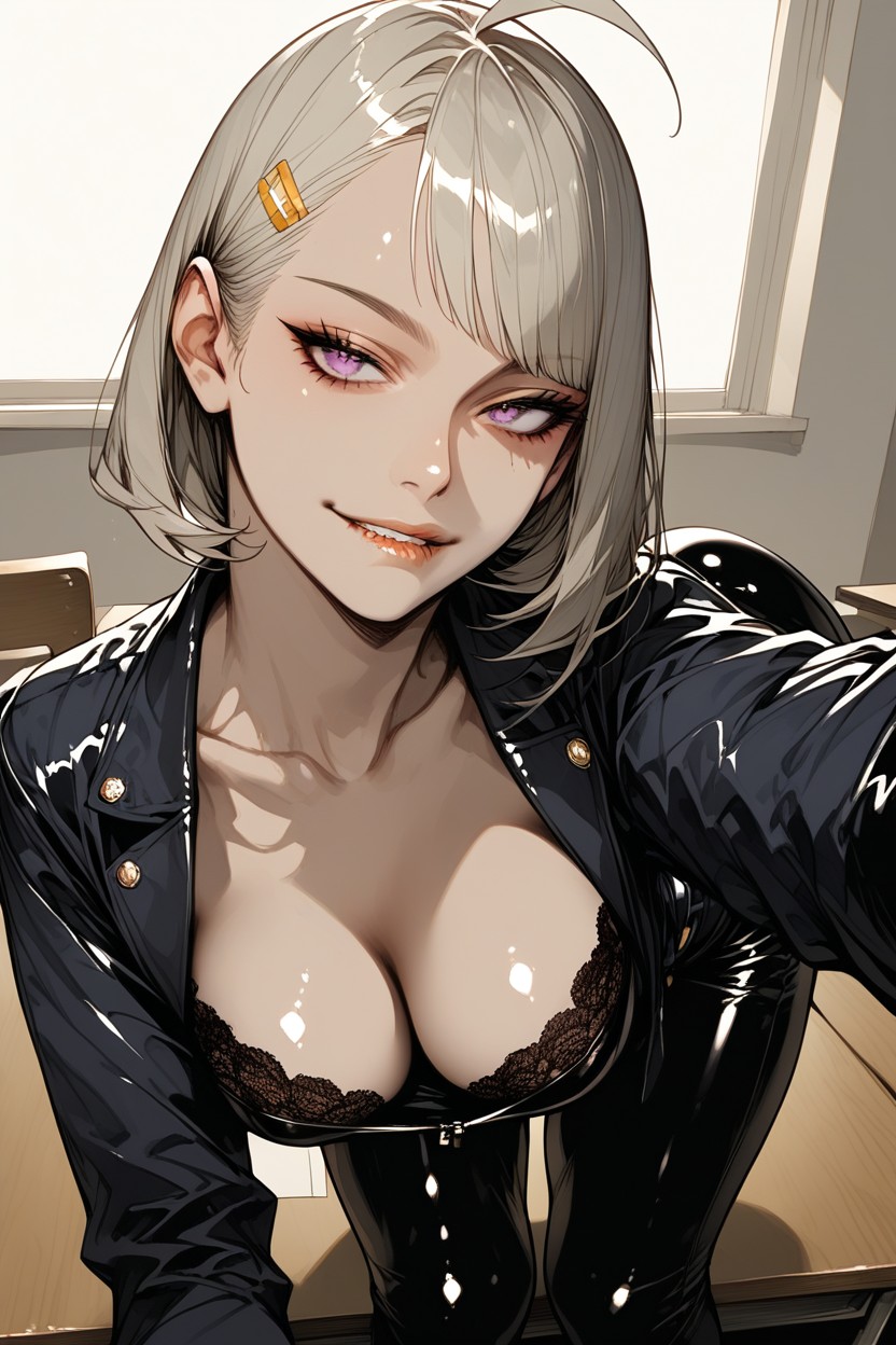 Topless, Looking At Viewer, Black Lace Bra Hentai AI Porn
