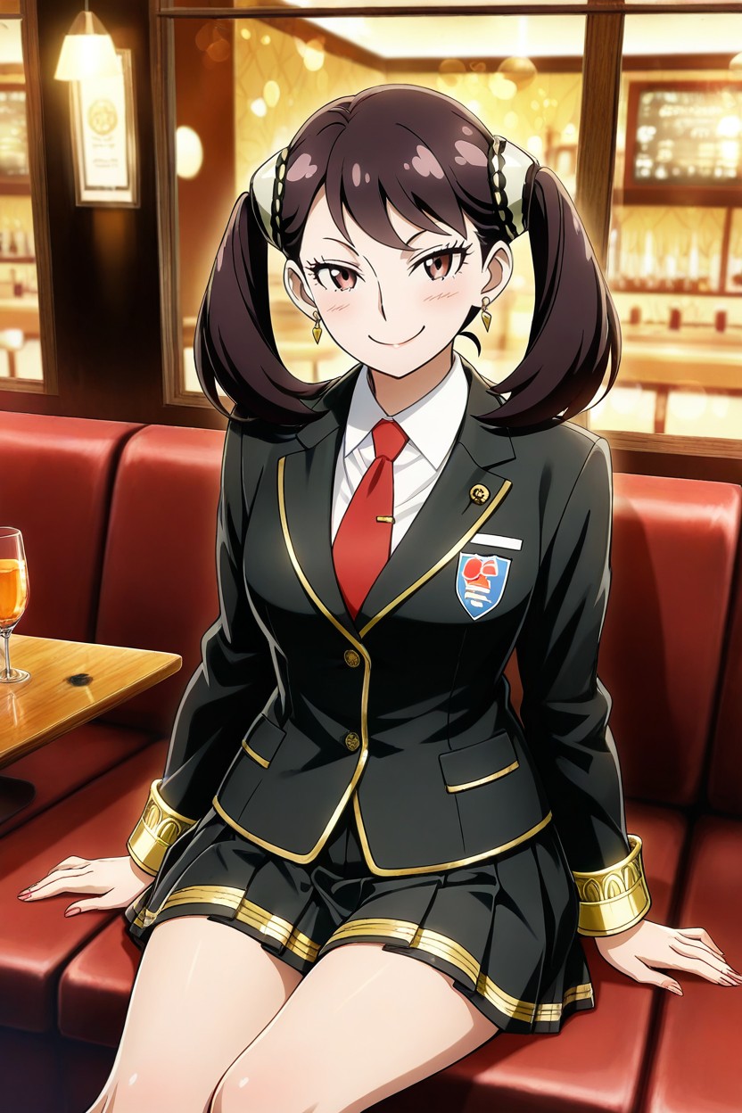 Sitting In A Luxurious Restaurant By The Window On Sophisticated Sofa, No Eyeglasses, Polished Wooden Tables Hentai AI Porn