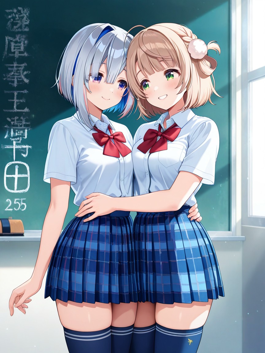 Morning, Wearing Navy Thighhigh Socks With White Trim, Breasts Press Hentai AI Porn