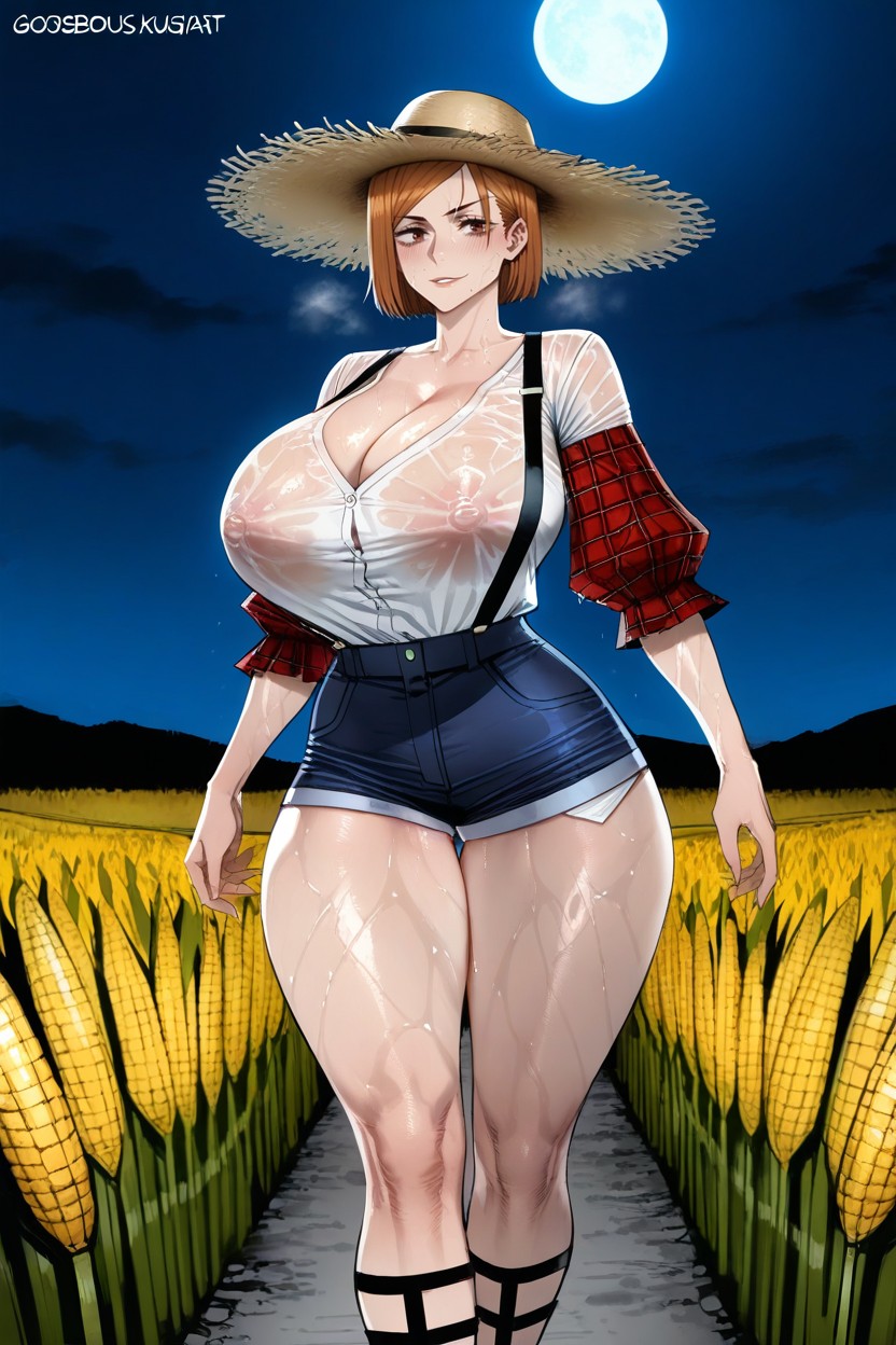 Sweaty, A Straw Hat With Brims, Jean Shorts Hentai AI Porn
