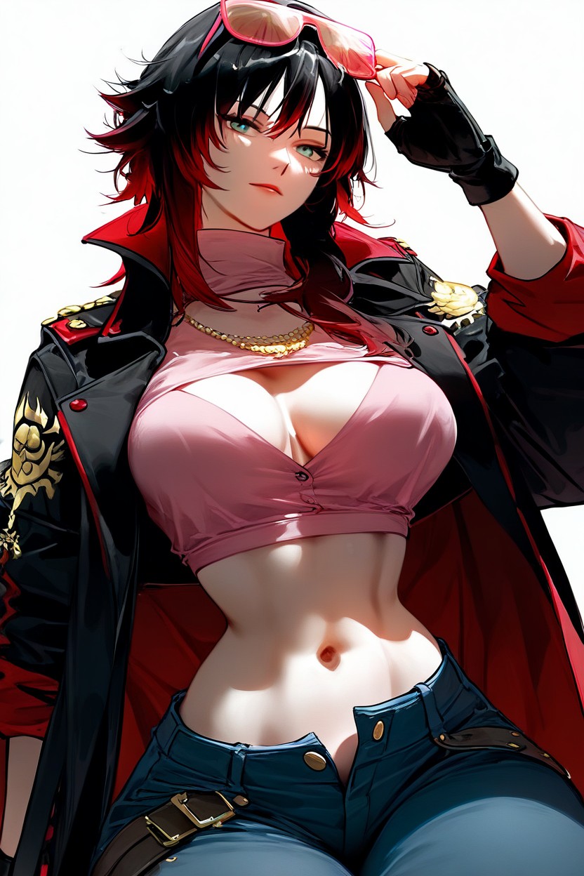 Athletic Body, Wearing Yellow Fingerless Gloves, Ruby From Rwby Hentai IA