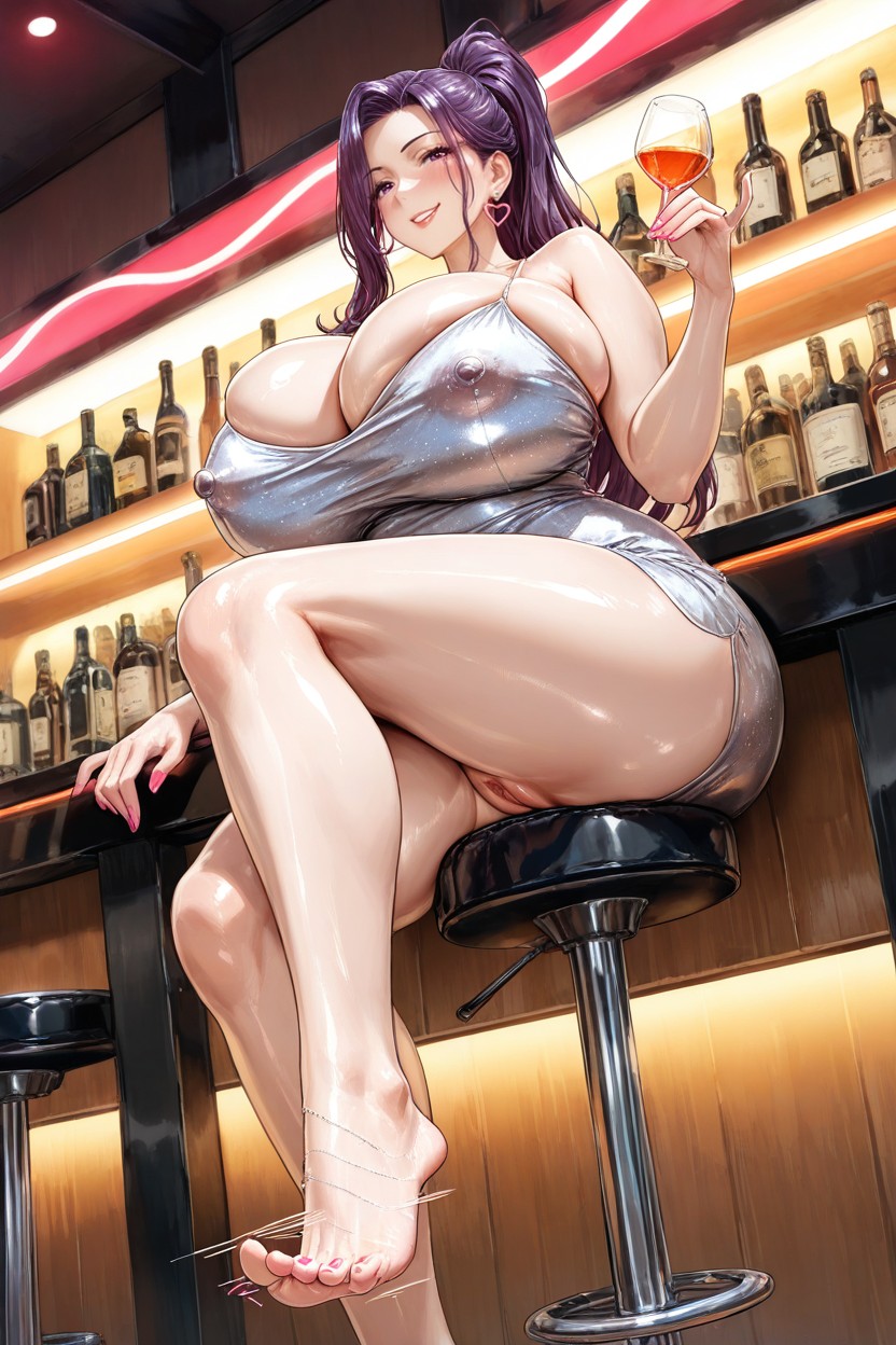 She Is Holding A Glass In One Hand, One Leg Bent Resting On Bar Stool, Front View Hentai IA
