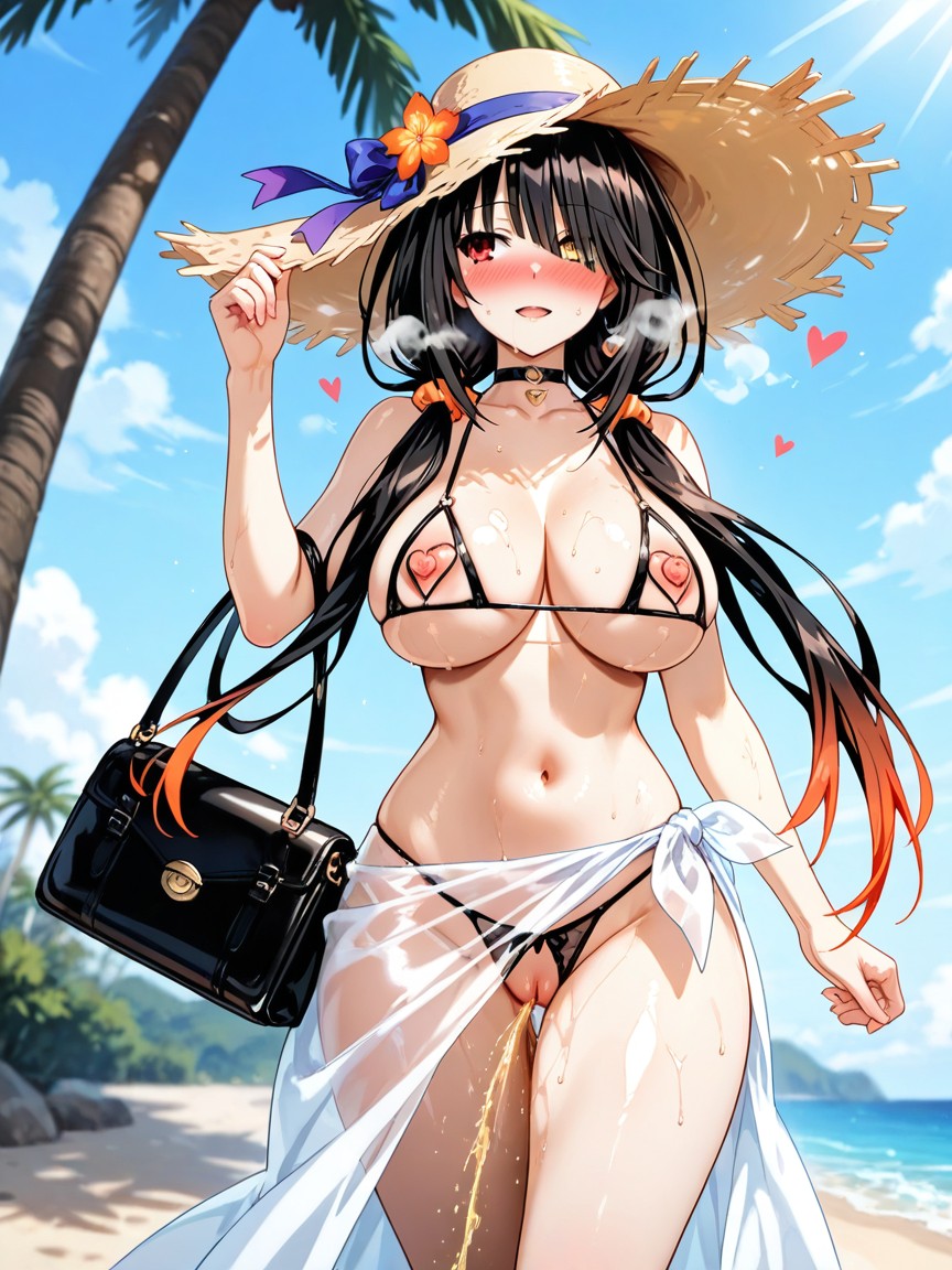 See-through White Sarong, Dripping Love Juice, Pussy Visible Through Sarong Hentai IA
