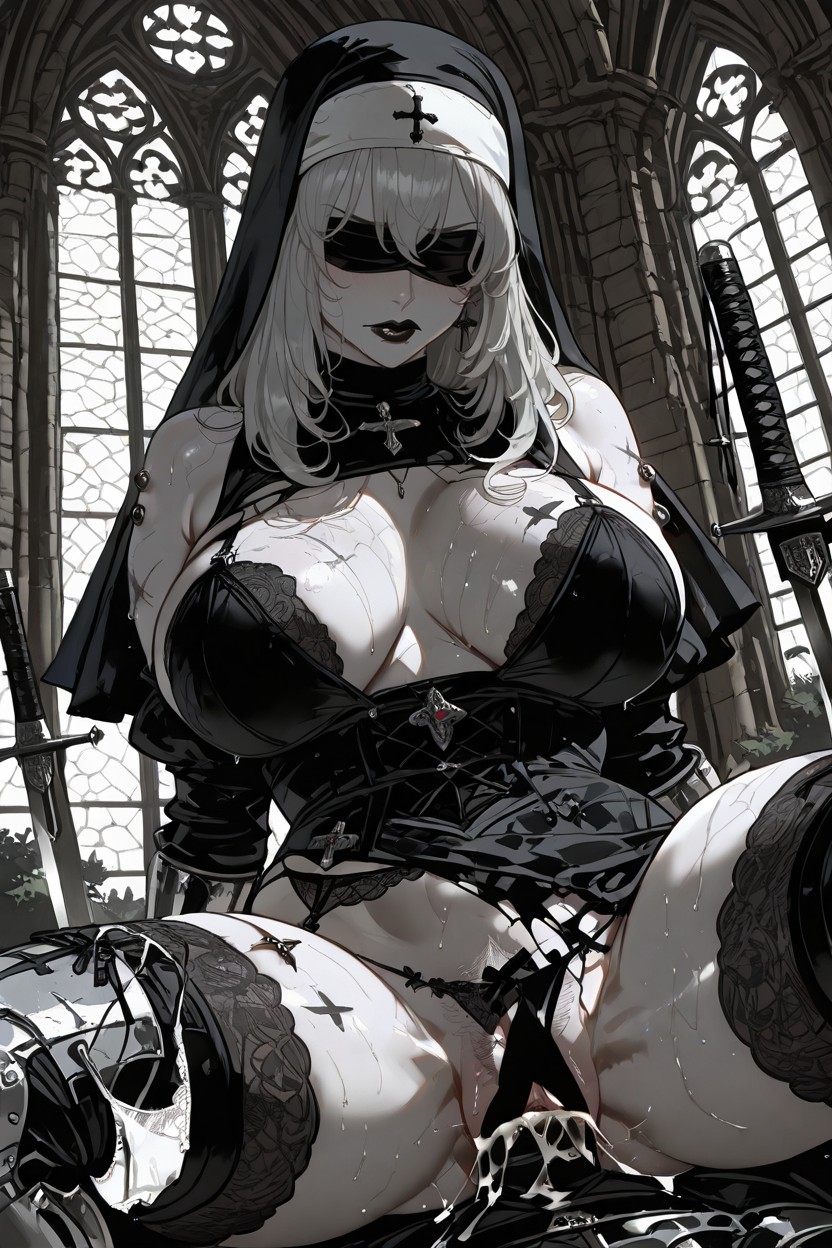 Panties On One Leg, Black Habit With Silver Armor Plates, Exposing Breasts And Wet Pussy Hentai IA