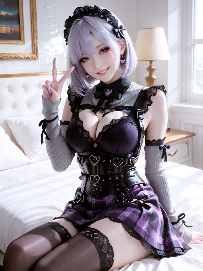 Sitting On A White Bed, Wide Black Leather Corset Belt With Silver Heart Buckles And Studs, Neat Bangs Framing The Face Hentai AI Porn
