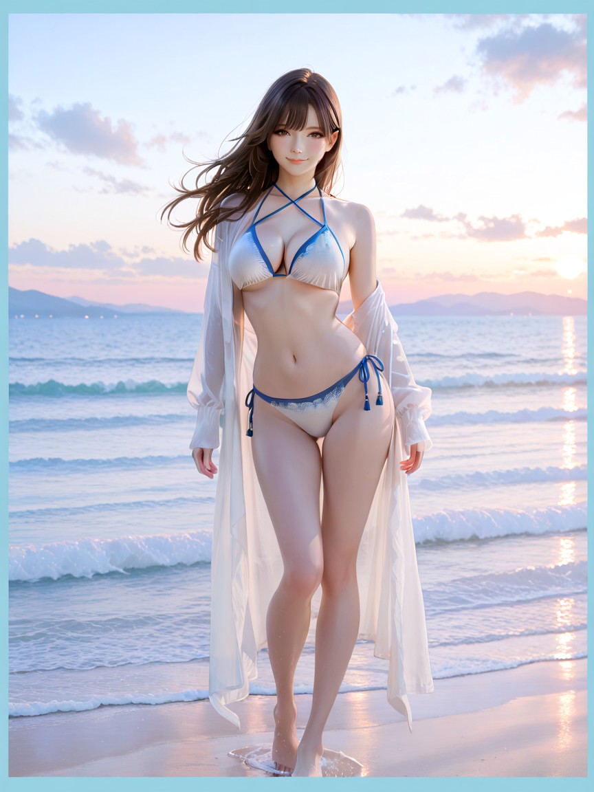 Shoreline, Porcelain Pale Skin, Matching Bikini Bottoms With Side Tie Strings Hentai AI Porn