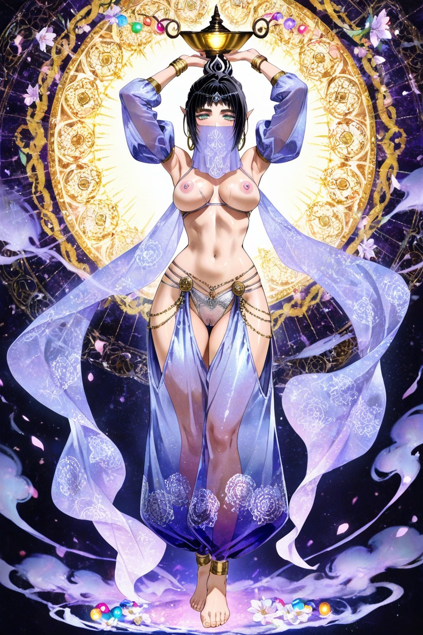 Floating In Smoke Out Of Aladdin Lamp, Jeweled Gold Necklace, Prominent Highlights Hentai AI Porn
