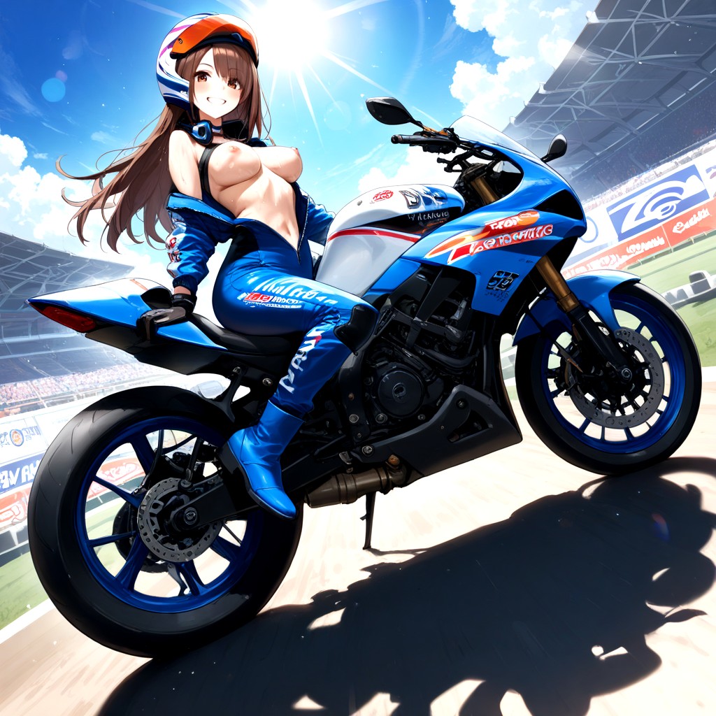 Riding A Racing Motorbike, Bottom Up View, Spectator On Podium Hentai IA