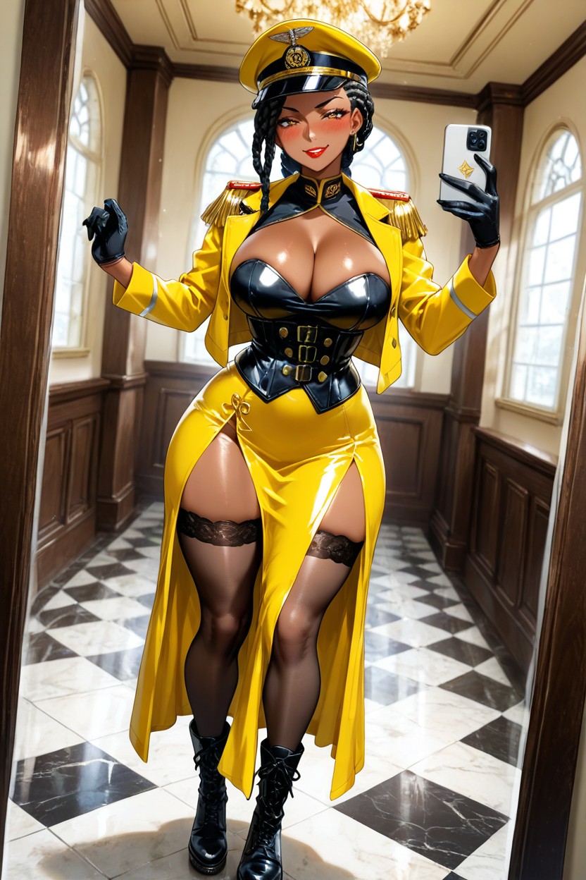 Flowing Vibrant Yellow Maxi Skirt With An Ultra-high, Tightly Laced Black Leather Waist Corset Below, Black Woman With A Voluptuous Hourglass Physique Porno IA Hentai
