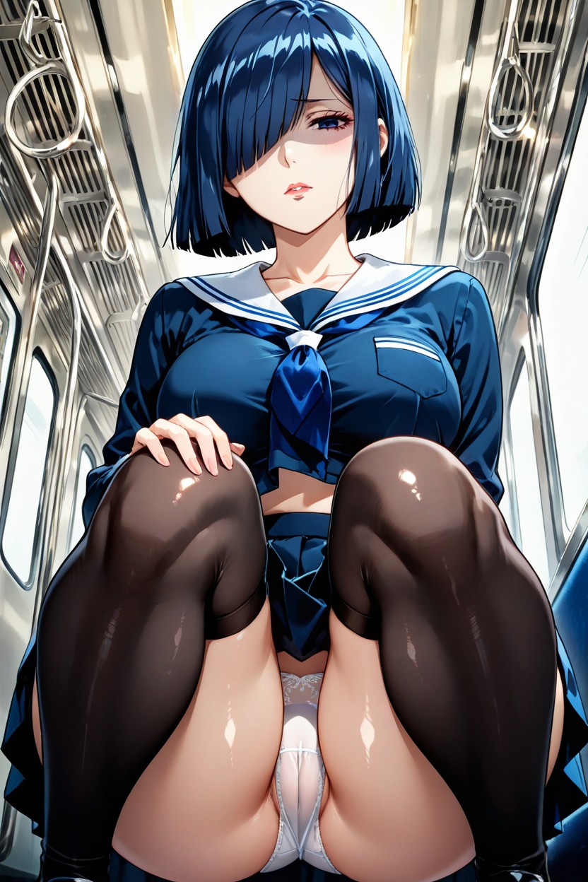 She Takes Off Her Panties, Bob Haircut, Right Eye Covered By Hair Hentai AI Porn