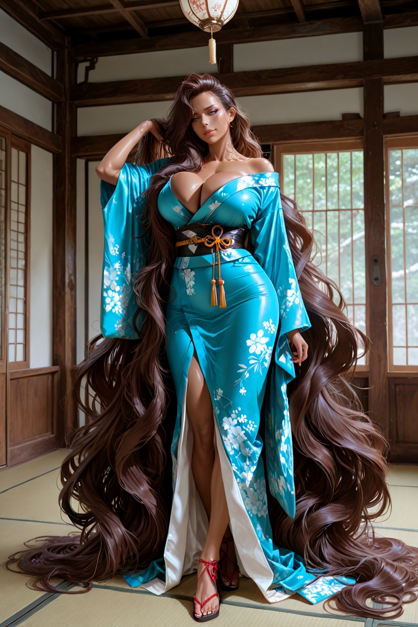 Beyond Floor Length Hair, Very Curvy Body, Side Swept Hairstyle Hentai IA