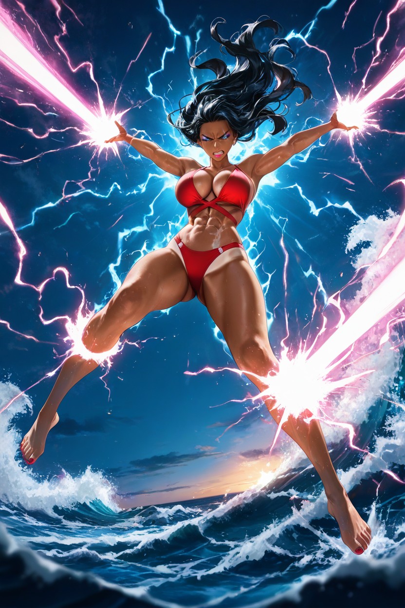 Flying In A Forward Motion, 側面図, Sparks Of Pink Electricity Everywhere Around Body Wildly ヘンタイAIポルノ