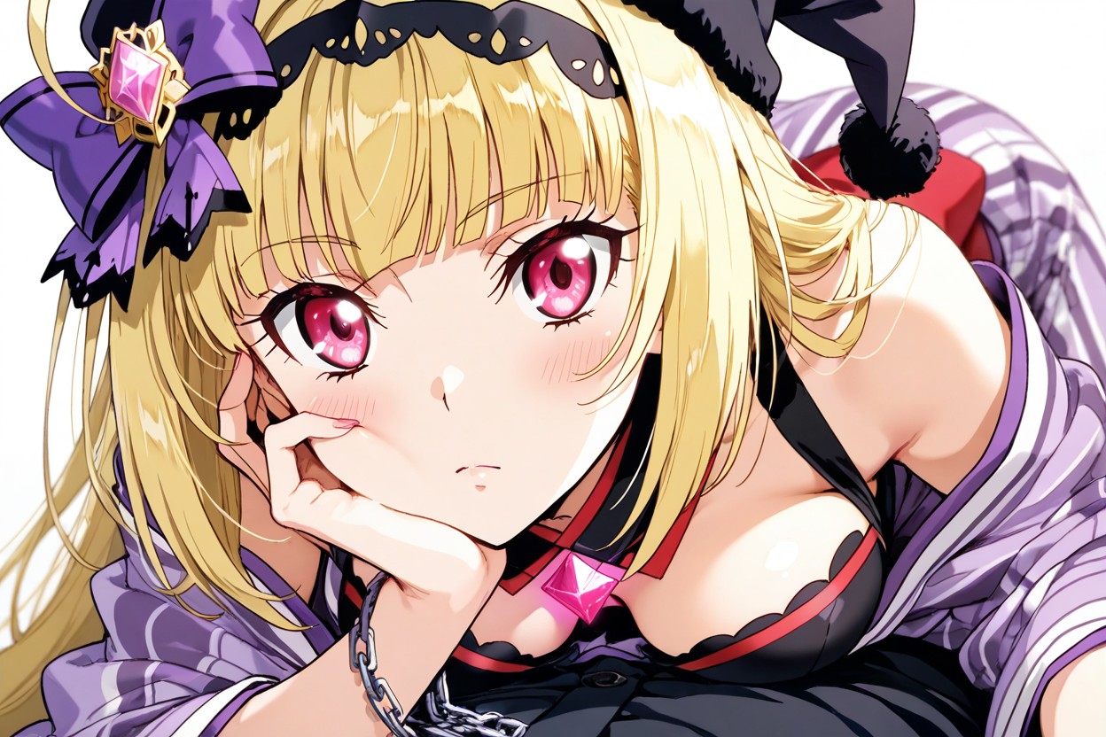 Making The Black Stars The Dominant Visual Ornament Across Her Bangs A Horizontal Braid Wraps Around The Back Of Her Head Located At The Back Of Her Head, An Anime Style Headshot Portrait Focusing Strictly On A Female Character With A Sharp Focus, And Expressive Ahoge Strand Looping Elegantly On Top Hentai IA