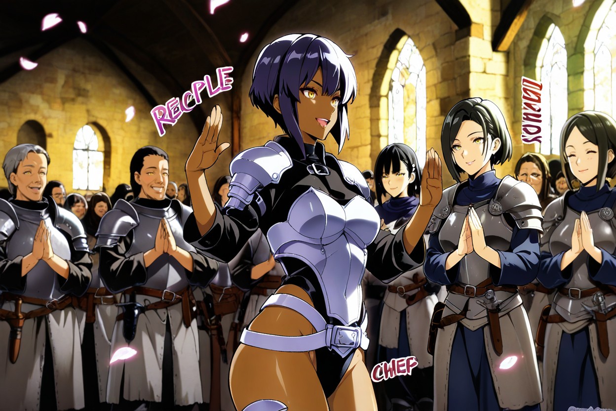 Crowds Of Townspeople Line The Room, Day, Female Gray Armor Female Dark Skin 헨타이 AI 포르노