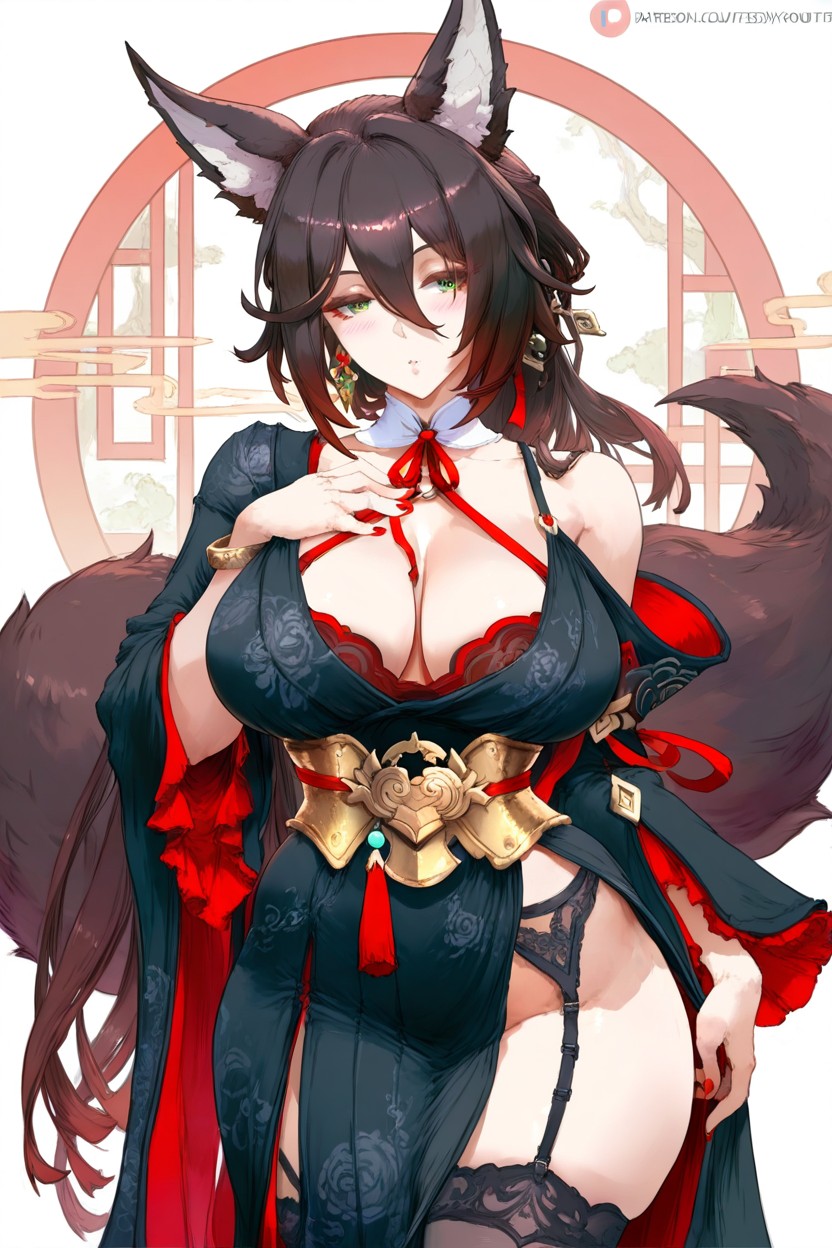 One Bare Shoulder, Green Eyes, One Fox Tail Hentai IA