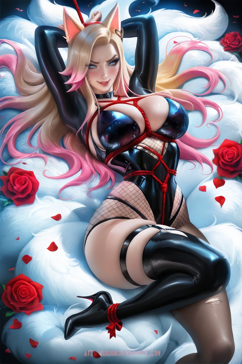 Also Bound With Rope Around The Thigh And Calf, Floating Red Rose Petals Around The Body, Rounded Breast Hentai AI Porn