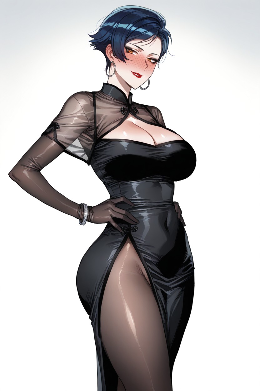 White Background, Dark Orange Eyes, Female Hentai AI Porn