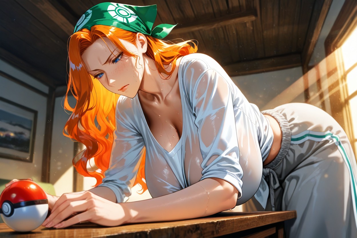 T-shirt Tied In Knot Under Breasts, Side Angle, Huge Breasts Hentai AI Porn
