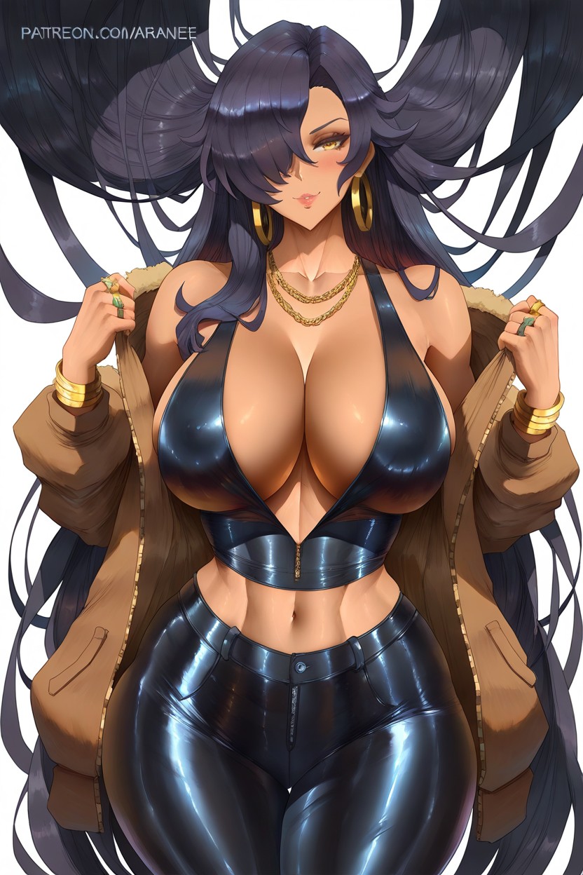 Blushing, Large Gold Hoop Earrings, Heavy Gold Bracelets On Both Wrists Hentai AI Porn