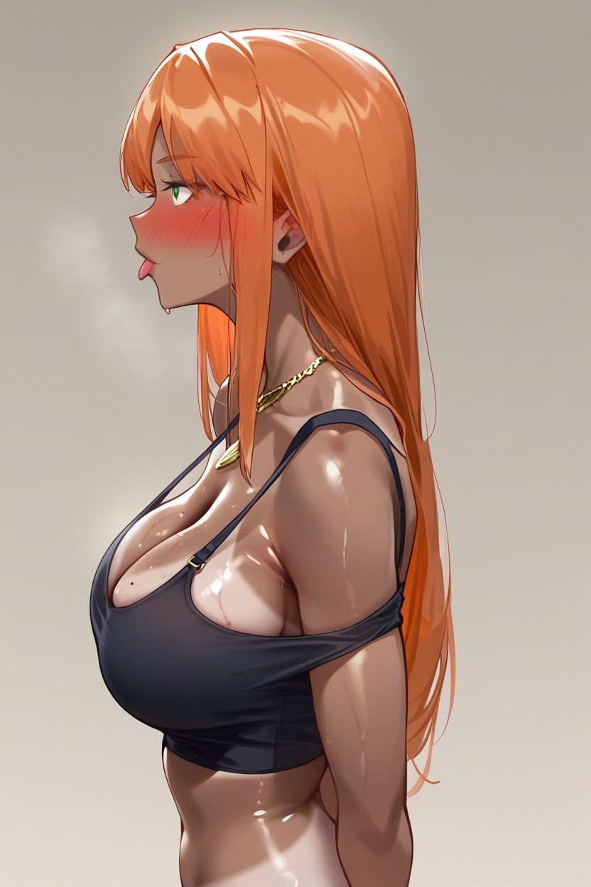 Falling Off Shoulder, Large Ass, Dark Blue Tank Top Hentai AI Porn