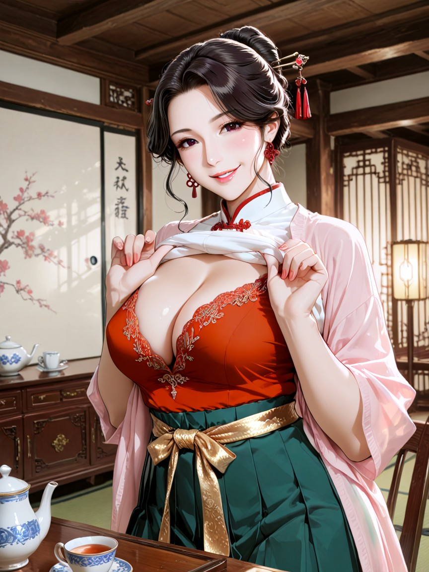 Tea Set On The Table, Delicate Red Tassels, Voluptuous Hentai AI Porn