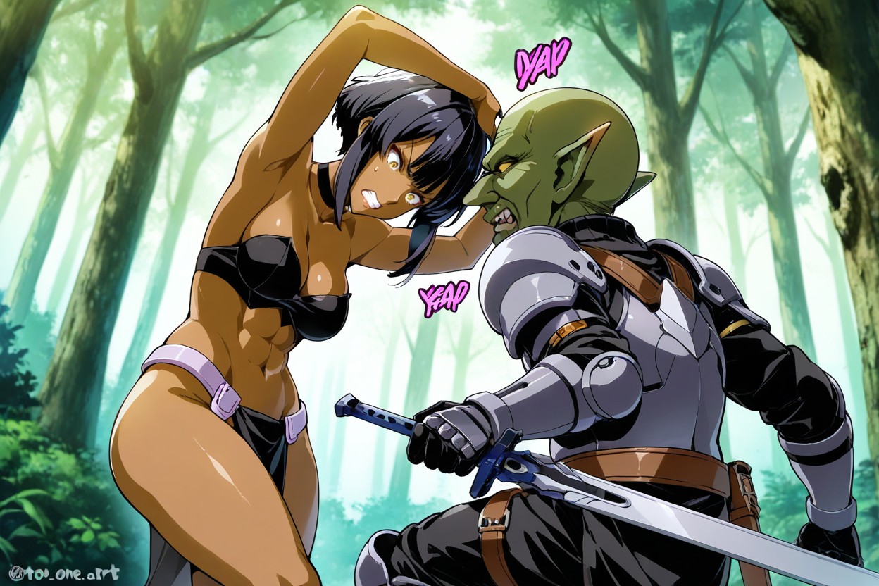 Female Pushes The Goblin's Head With Her Hands, Perfect Face, And Charismatic Hentai AI Porn