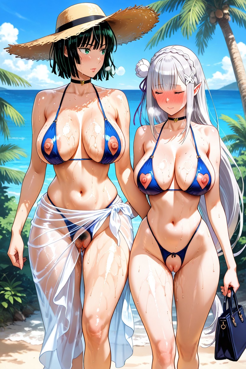 Wide Hips, See-through White Sarong, Clamshell Pussy Hentai AI Porn