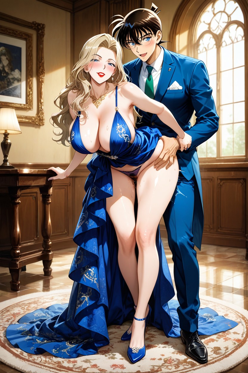 Warm Dramatic Lighting, Elegant Furniture, Square Neckline Hentai AI Porn