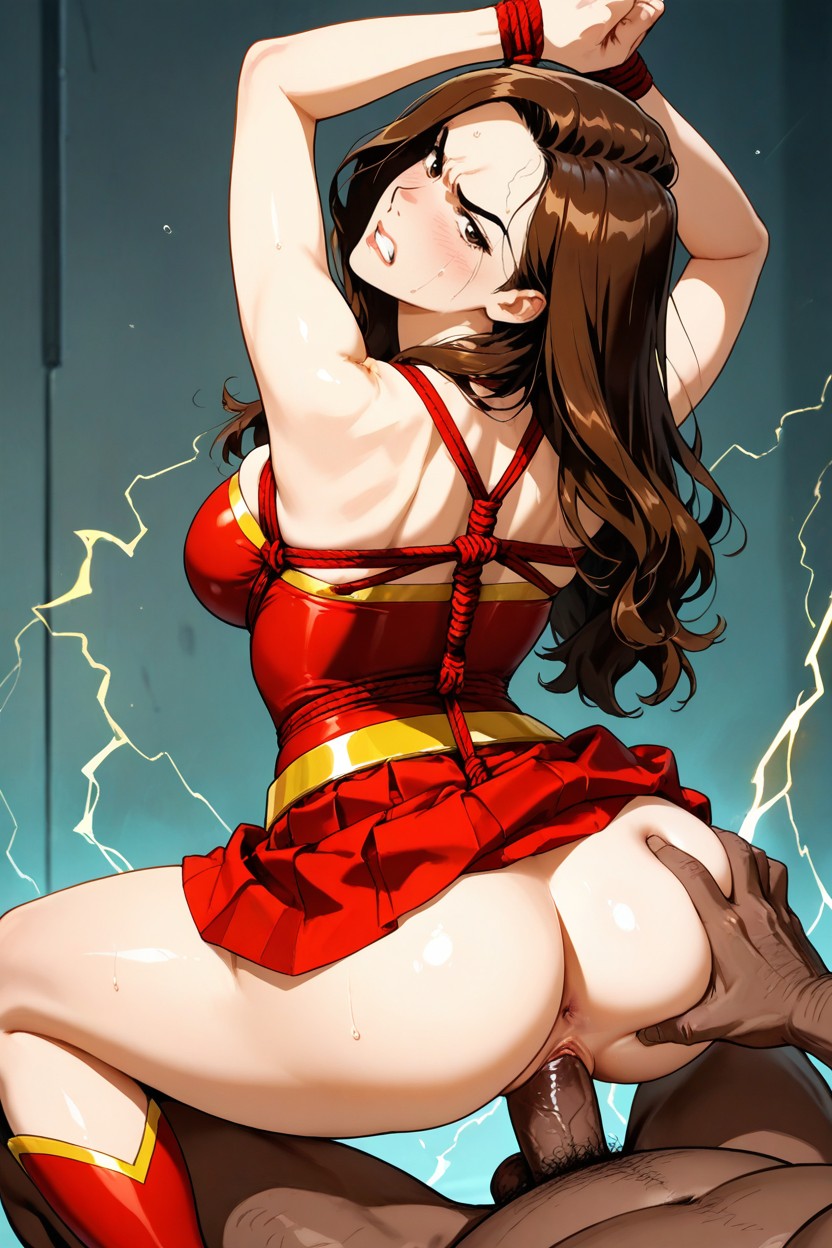 Exposed Pussy, Red Pleated Skirt, Anime Style Hentai AI Porn