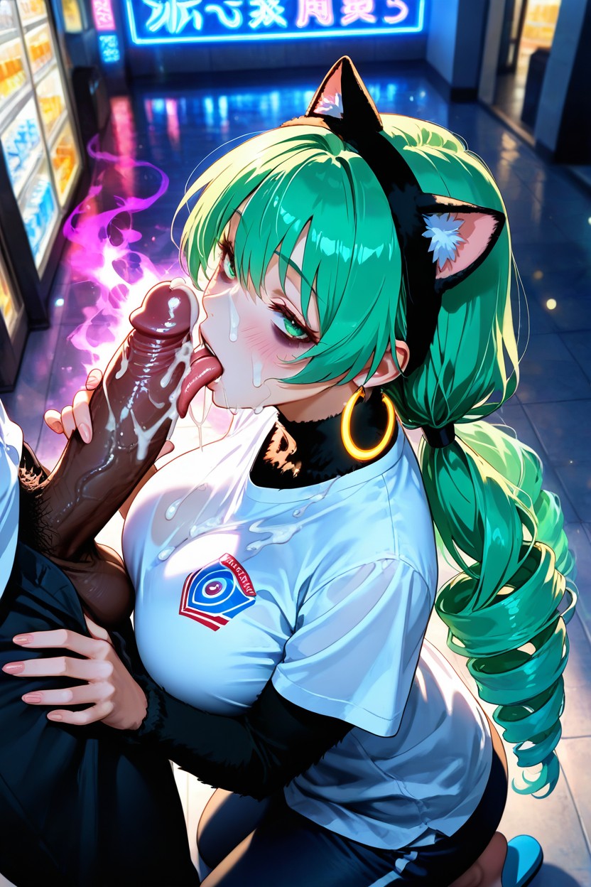 Focus On Tongue, Glowing Colorful Aura Around The Character, A Distinct Patch Of Black Fur On The Right Ear Tip Of The Headbandcoldplay Outfit Wearing A Sheer Oversized White T-shirt Hentai AI Porn