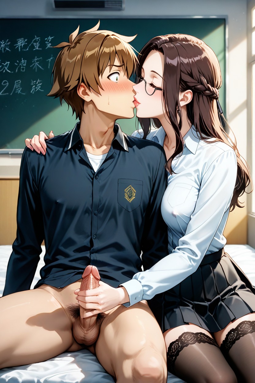Male Tied To Bed, Glasses, Female And A Male Hentai AI Porn