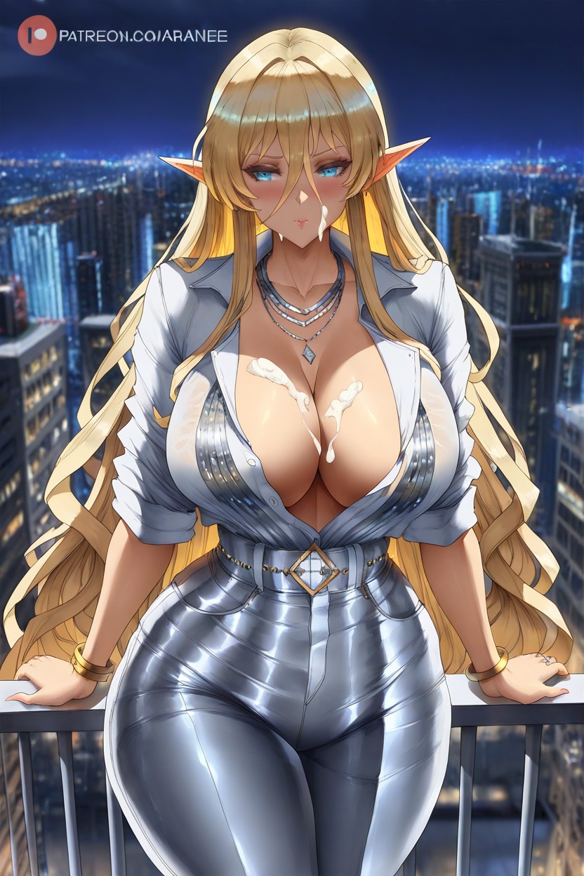 Wavy Blond Hair, Diamond Stud Earrings, Elegant Silver Belt Hentai IA