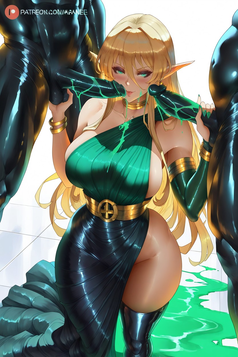 Flowing Velvet Sleeve And One Bare Shoulder, Araneesama Artstyle, White Background Hentai AI Porn