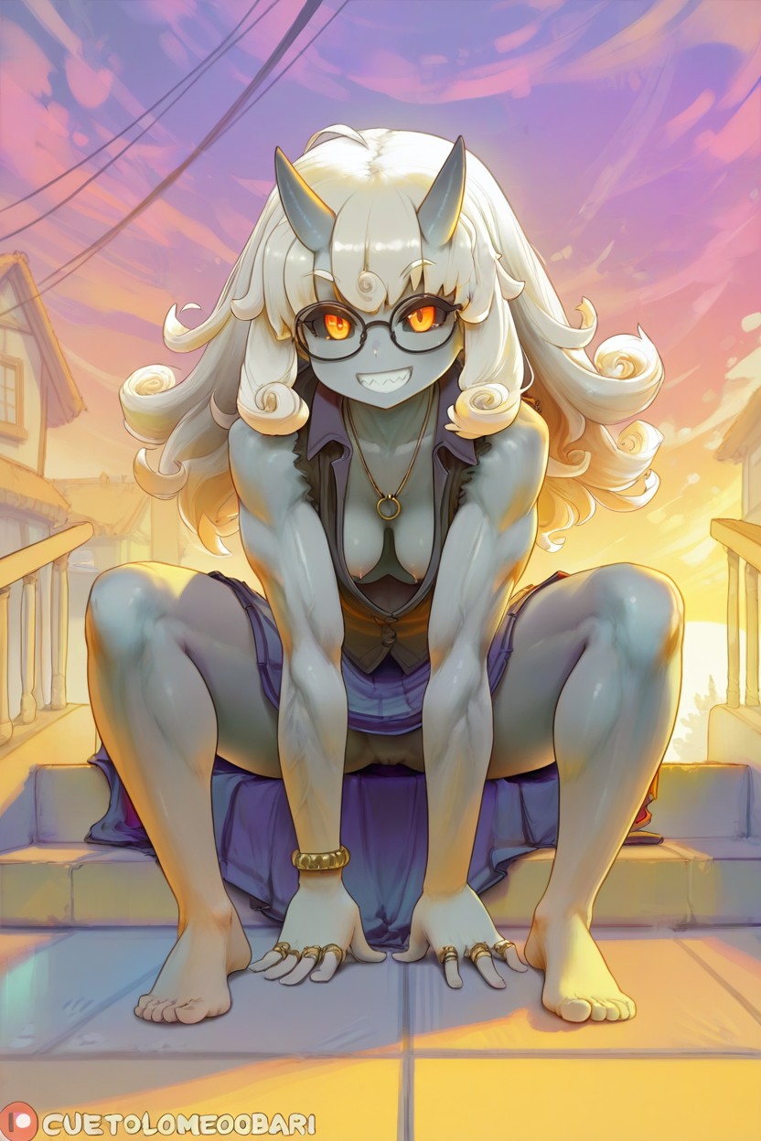 Smiling Showing Teeth, String Necklaces Around Neck, Platinum Blonde Hair Color Hentai IA
