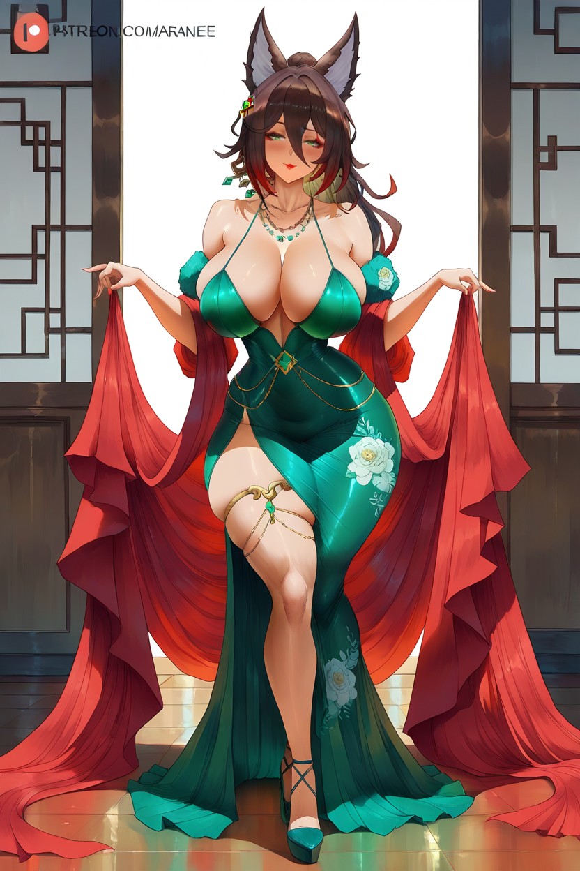 Transitioning To Red At The Bust, Long Straight Brown Hair With Red Streaks, Red Silk Mermaid Gown Hentai IA